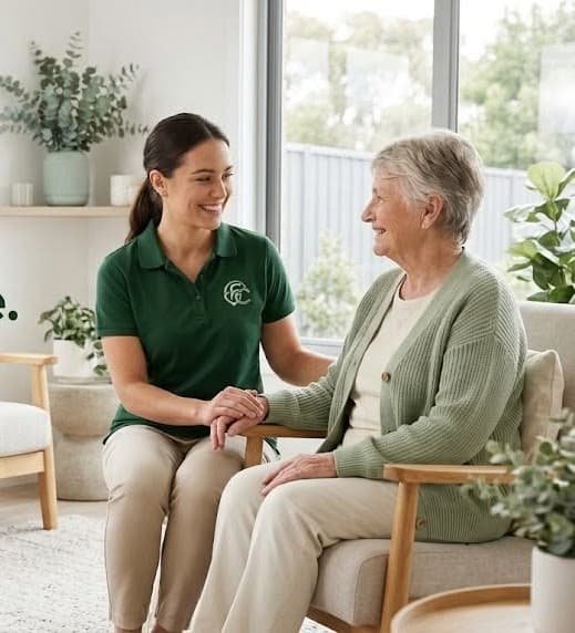 EC Care Services support worker in green uniform warmly holding hands with an older Australian client in a sunlit Sydney home